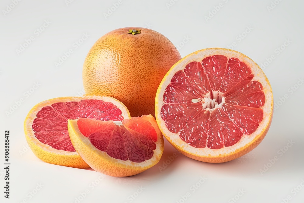 Freshly sliced grapefruit display featuring ripe sections on neutral background Freshly sliced grapefruit display featuring ripe sections on neutral background