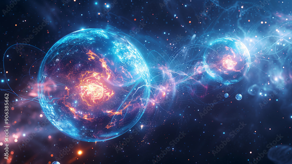 Obraz premium Particles connected by mysterious energy threads on a dark background of a nebula