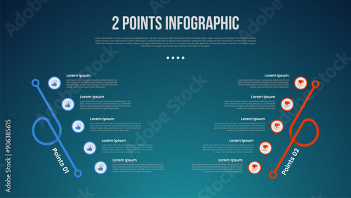 2 or two point template comparison versus things in infographic with creative slope shape on vertical direction with modern dark style for slide presentation