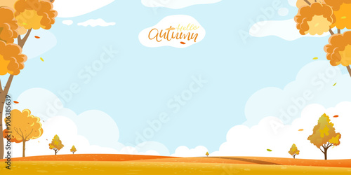 Autumn background, Landscape Autumnal with Maple Orange,Yellow Leaves,Forest Trees on Hill, White Cloud on Sky Blue Background,Vector Cute Fall Nature templates for Thanksgiving poster,invitation,card