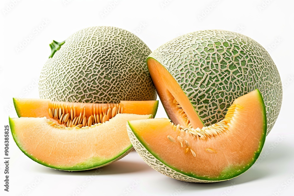 Freshly sliced cantaloupe displayed on a white surface with whole melons in background Freshly sliced cantaloupe displayed on a white surface with whole melons in background