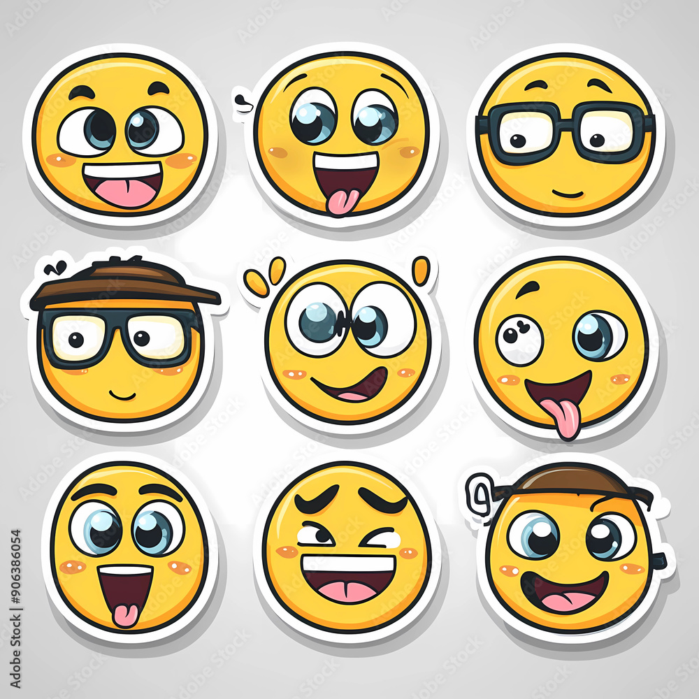 set of smileys with emotions, set of variety of yellow emoji faces with different facial expressions, stickers set of smileys with emotions, set of variety of yellow emoji faces with different facial expressions, stickers