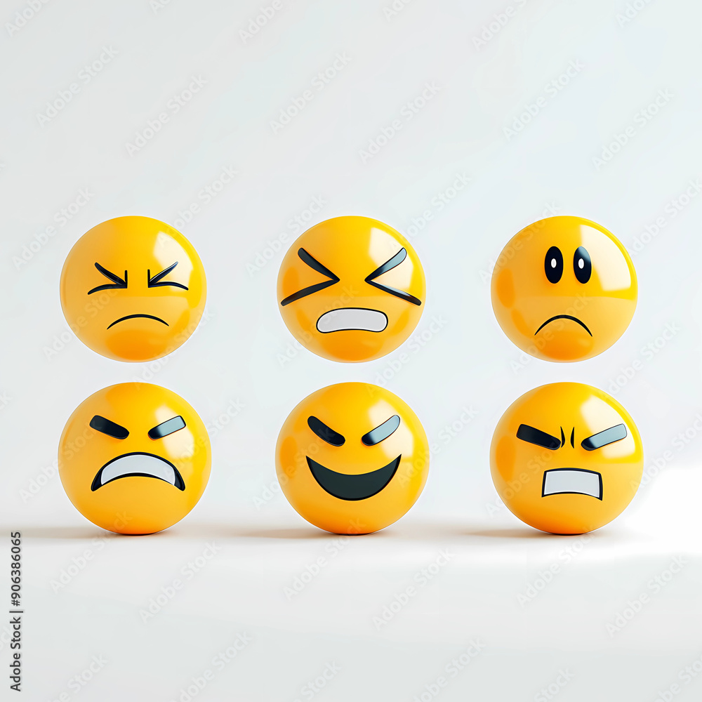 Fototapeta premium set of smileys with emotions, set of variety of yellow emoji faces with different facial expressions, stickers
