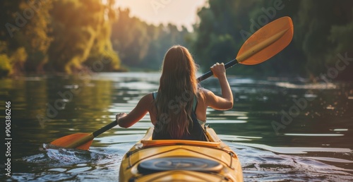 A woman wearing a life jacket kayaking on the river while holding an oar, beautiful scenic nature view, green eco-friendly shot, calm forest