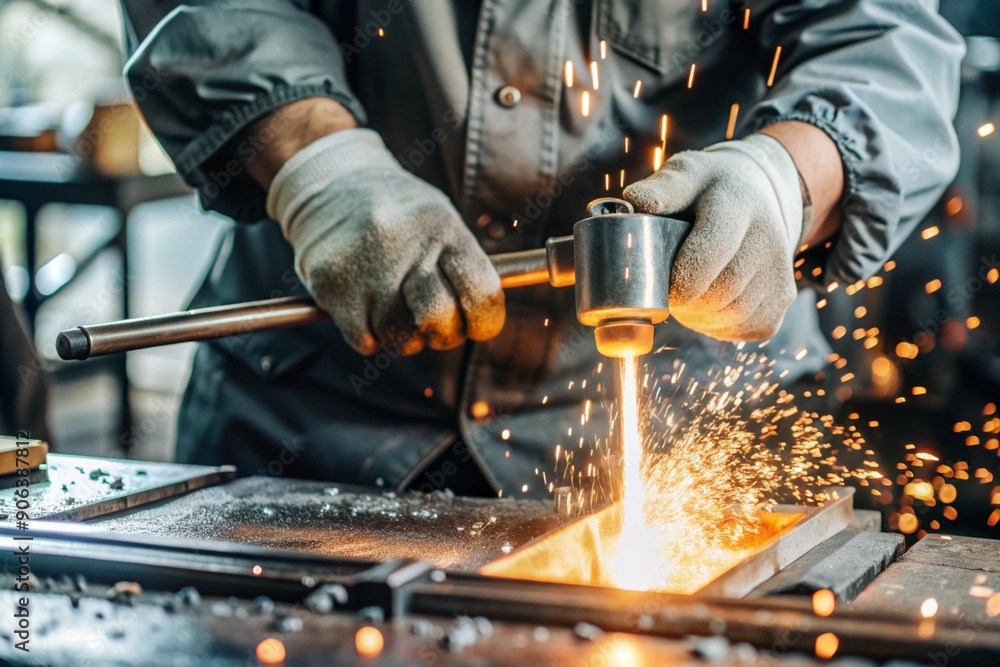 Work at the factory. Working professions. Men's hands in protective gloves with metal. There are sparks around. Hard work that requires high concentration and professionalism. Work at the factory. Working professions. Men's hands in protective gloves with metal. There are sparks around. Hard work that requires high concentration and professionalism.