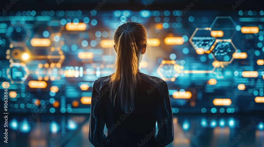 A woman with a ponytail stands facing a large digital display filled with glowing data, graphs, and hexagonal patterns. The scene is lit with blue and orange hues, A woman with a ponytail stands facing a large digital display filled with glowing data, graphs, and hexagonal patterns. The scene is lit with blue and orange hues,
