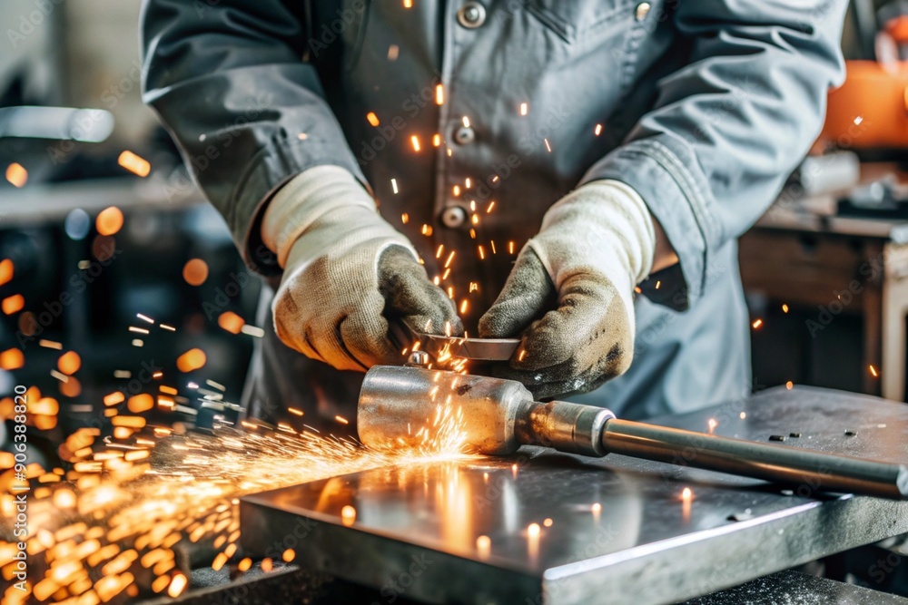 Work at the factory. Working professions. Men's hands in protective gloves with metal. There are sparks around. Hard work that requires high concentration and professionalism. Work at the factory. Working professions. Men's hands in protective gloves with metal. There are sparks around. Hard work that requires high concentration and professionalism.