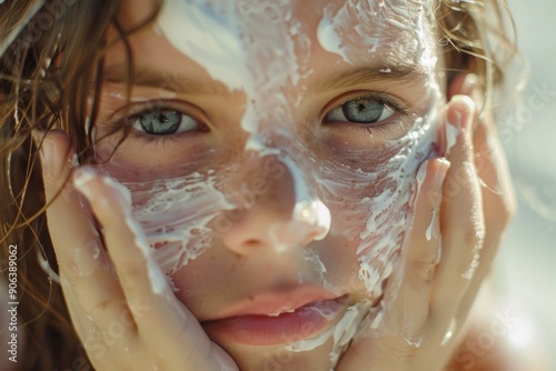 Close-up portrait of a little girl with cream on her face. 