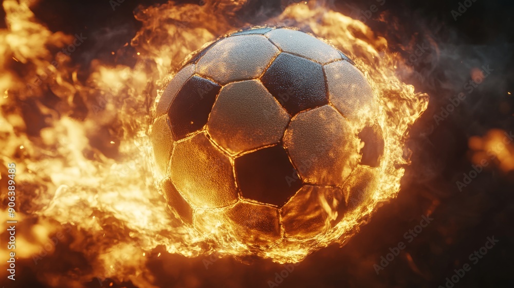 Naklejka premium A burning soccer ball on a black background. 3D illustration with space for text.