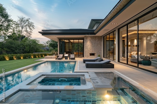 Modern outdoor swimming pool with high-end garden furniture in an idyllic Brazilian landscape. Includes lawn, palm trees, deck leading to a relaxation area. Captured with sharp focus on water surface,