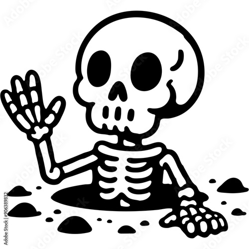 Cheerful skeleton waves his bony hand in greeting in monochrome. Simple minimalistic vector in black ink drawing on transparent background