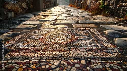 Ancient mosaic floor regular pattern from Laodicea Church with geometric design Denizli Turkey Turkiye : Generative AI photo