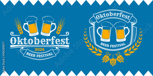Oktoberfest logo, label or badge set with beer mug icons. Octoberfest, German beer festival poster or banner design. Vector illustration.