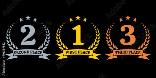 Winner, prize icon set. Laurel wreath awards. First, Second And Third place. Gold, silver and bronze medal concept. Vector illustration.