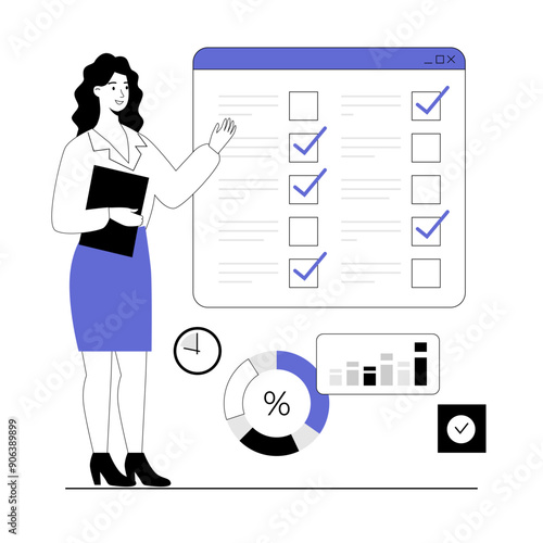 Online survey concept. Woman filling questionnaire on web page, giving feedback, marking answers in checklist form. Vector illustration with line people for web design.