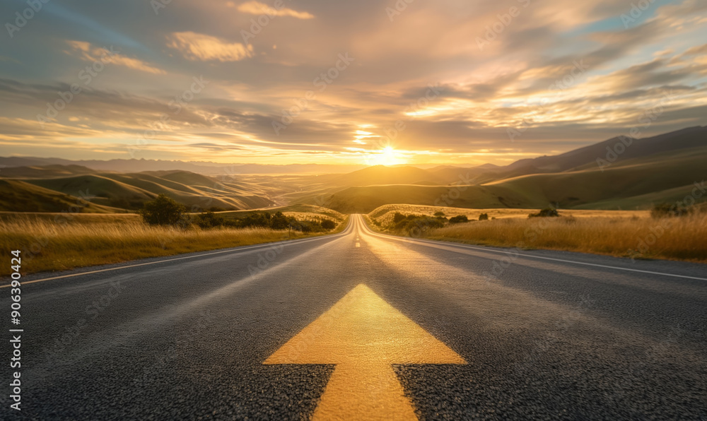 Naklejka premium A straight road with a yellow arrow pointing forward, stretching towards a sunset over rolling hills, symbolizing direction and new beginnings