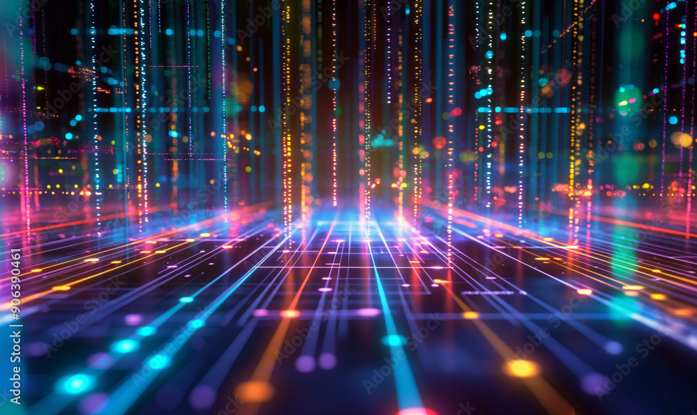 A vibrant and futuristic digital landscape with glowing circuits and neon lights in a cyber environment A vibrant and futuristic digital landscape with glowing circuits and neon lights in a cyber environment