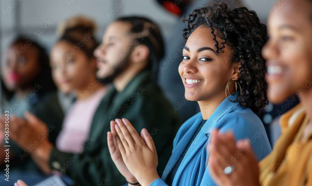 Fototapeta premium Smiling young woman clapping among a diverse group of people at an event