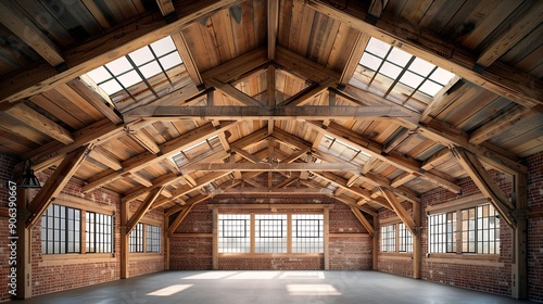 Gable roof truss of a large vintage factory hall Roofing construction sheathing made of wooden planks Brick walls and arcade windows Industrial interior : Generative AI