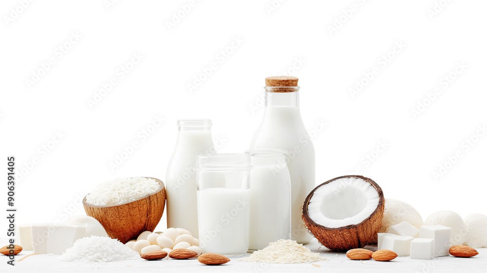 dairy free alternatives coconut milk almond rice milk on transparent background dairy free alternatives coconut milk almond rice milk on transparent background