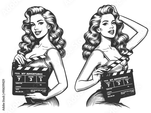 actress holding a clapperboard, capturing the glamour and charm sketch engraving generative ai fictional character vector illustration. Scratch board imitation. Black and white image.