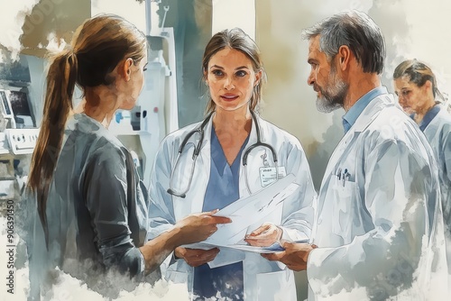 Medical team, discussing treatment plan, hospital setting, watercolor style