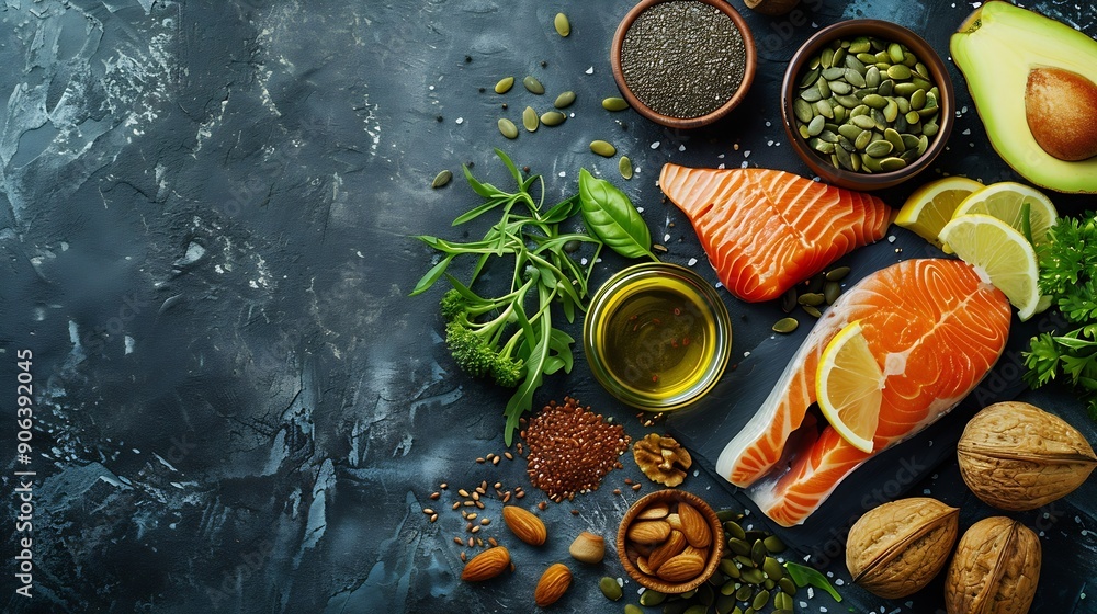 Food sources of omega 3 on dark background with copy space top view Foods high in fatty acids including vegetables seafood nut and seeds Health food fitness : Generative AI Food sources of omega 3 on dark background with copy space top view Foods high in fatty acids including vegetables seafood nut and seeds Health food fitness : Generative AI