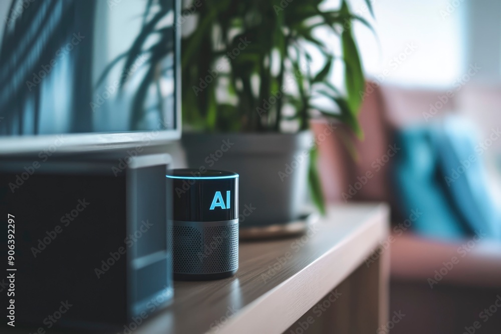 Black AI Smart Speaker on Wooden Table with Green Plant Black AI Smart Speaker on Wooden Table with Green Plant