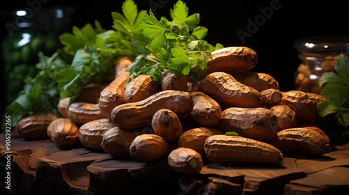 Close up of a fresh tamarind, macro photography, textured pods, side view, soft lighting. photo