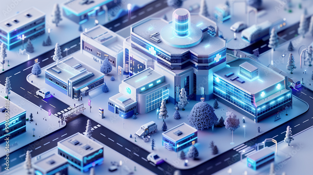 Isometric smart hospital building depicting a technologically advanced healthcare facility Isometric smart hospital building depicting a technologically advanced healthcare facility