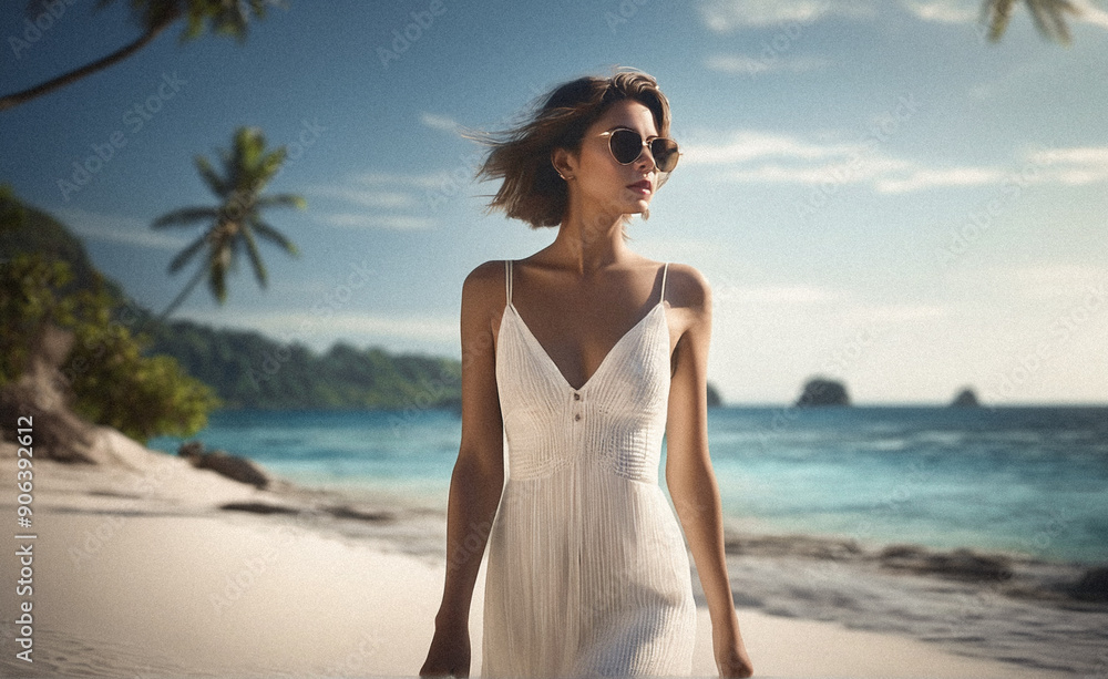 Portrait of a young woman in a white elegant dress on a tropical beach. Portrait of a young woman in a white elegant dress on a tropical beach.