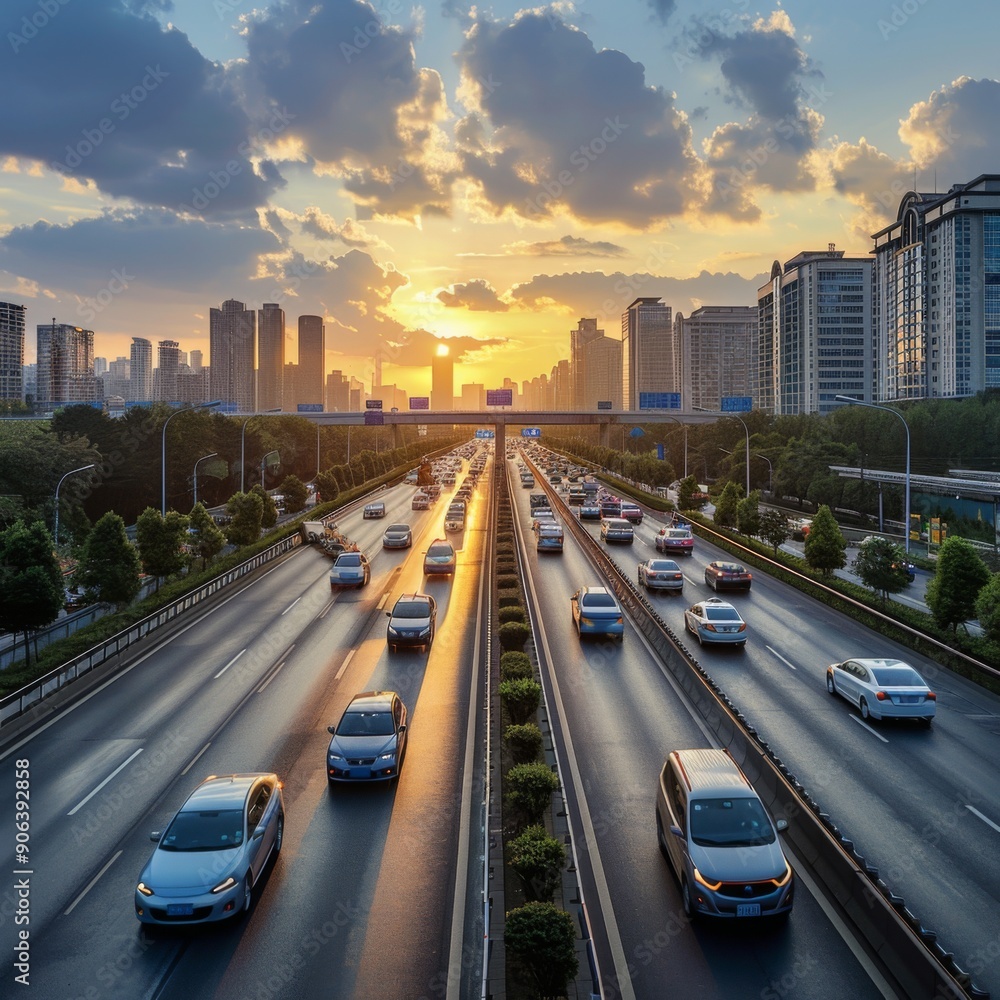 Fototapeta premium Afternoon Commute Chaos: A Bustling City Freeway Filled with Vehicles Heading to Work in the Metropolitan Rush Hour