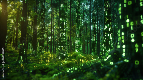 Fototapeta Naklejka Na Ścianę i Meble -  Digital forest with green matrix binary code symbolizing environmental concept