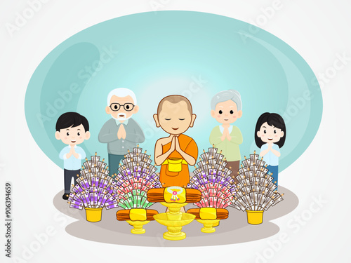 Monks, grandparents, boys and girls in a prayerful pose at the Kathin Samakhi ceremony in Thailand.