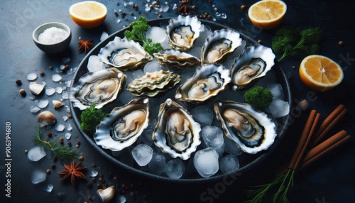 a plate of oyster with ice on the table , with the lemon beside