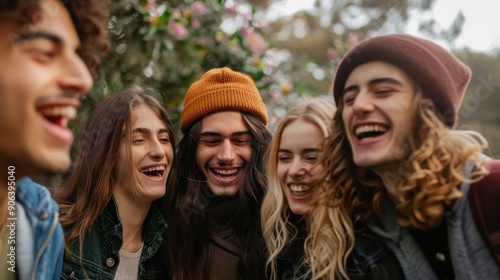 Group of friends enjoying time together outdoors, smiling and laughing