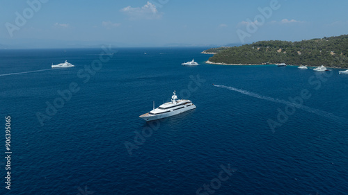 A top-down shot showcasing the sleek design of a modern yacht