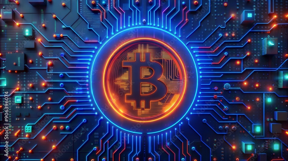 Orange neon Bitcoin circuit board cryptocurrency digital finance technology background product showcase Orange neon Bitcoin circuit board cryptocurrency digital finance technology background product showcase
