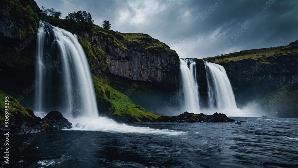 Majestic waterfall on jet-black rocks Majestic waterfall on jet-black rocks