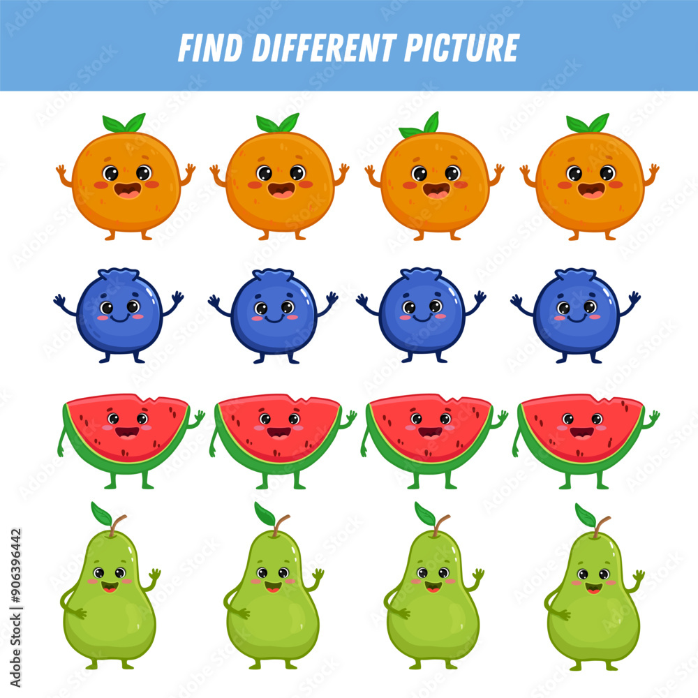 Find different fruit each row. Logical game for kids. Cartoon character. Orange,pear, blueberry, watermelon. Flat style. Vector illustration Find different fruit each row. Logical game for kids. Cartoon character. Orange,pear, blueberry, watermelon. Flat style. Vector illustration