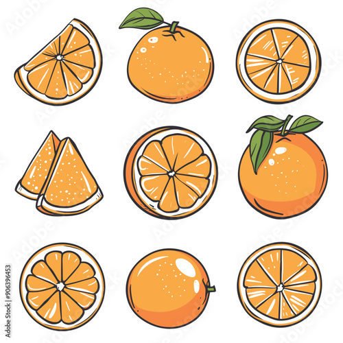 Collection orange fruit illustrations various cuts slices whole orange vibrant colors isolated white background. Cartoon style juicy oranges fresh citrus fruit healthy vitamin C rich food