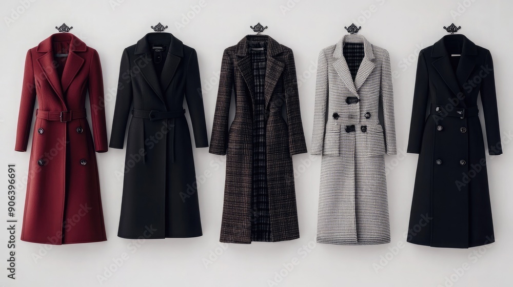 Stylish Winter Coats Displayed on Hangers in a Boutique Setting Stylish Winter Coats Displayed on Hangers in a Boutique Setting