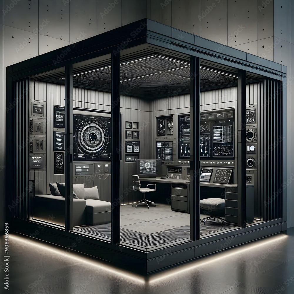 An elegant panic room designed as a stylish luxury retreat, with plush seating, a stocked mini-bar, and hidden surveillance screens, set against a backdrop of deep, calming colors and soft lighting An elegant panic room designed as a stylish luxury retreat, with plush seating, a stocked mini-bar, and hidden surveillance screens, set against a backdrop of deep, calming colors and soft lighting
