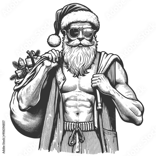 muscular Santa Claus sunglasses carrying sack of gifts, holiday cheer, cool twist sketch engraving generative ai fictional character vector illustration. Scratch board imitation. Black and white image