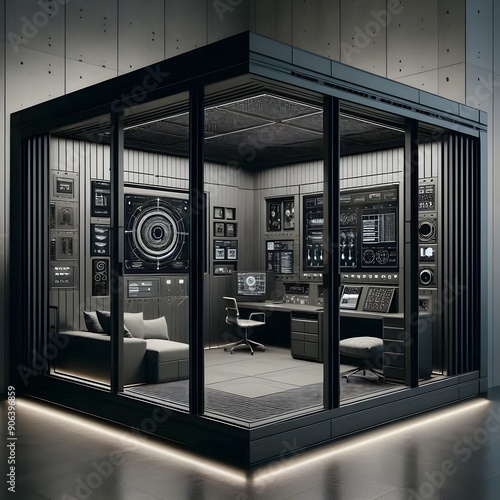 An elegant panic room designed as a stylish luxury retreat, with plush seating, a stocked mini-bar, and hidden surveillance screens, set against a backdrop of deep, calming colors and soft lighting