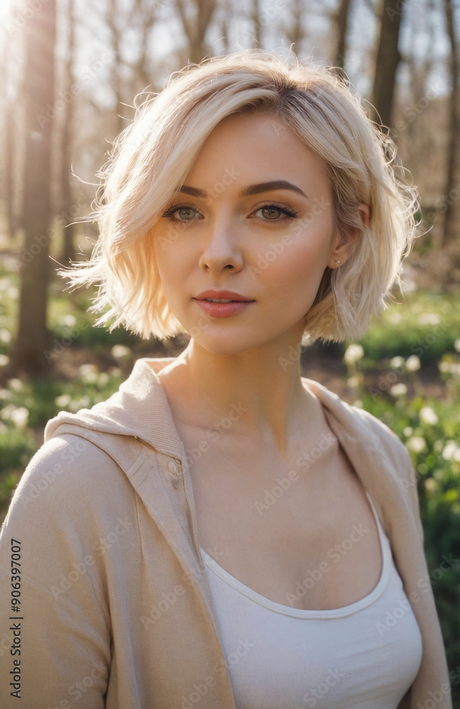 Portrait of a young woman walking in a blooming spring park. Portrait of a young woman walking in a blooming spring park.