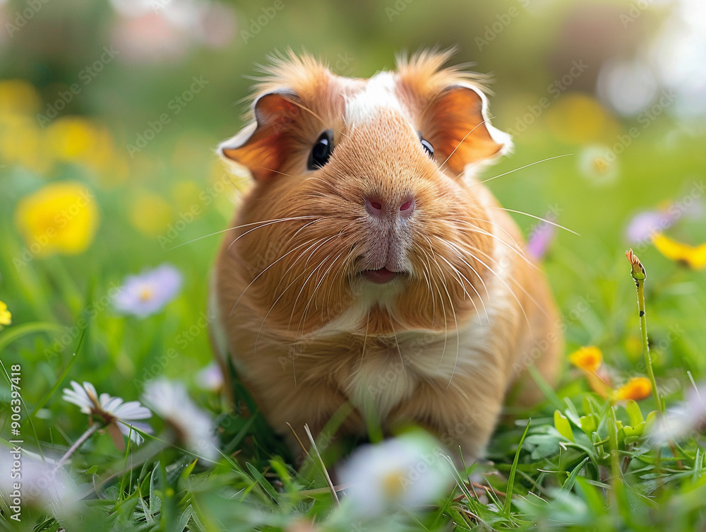 Cute Guinea Pig Enjoying a Sunny Day Among Vibrant Wildflowers in a Lush Green Garden Cute Guinea Pig Enjoying a Sunny Day Among Vibrant Wildflowers in a Lush Green Garden