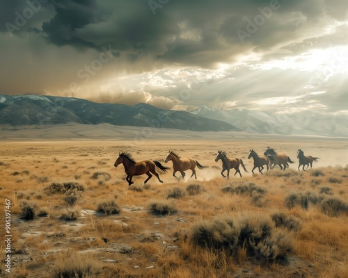 A dynamic scene of wild horses galloping across an open landscape under a dramatic sky, showcasing nature's beauty and freedom.