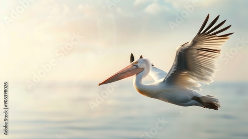 A majestic pelican soaring gracefully over tranquil waters, capturing the essence of freedom and natural beauty.