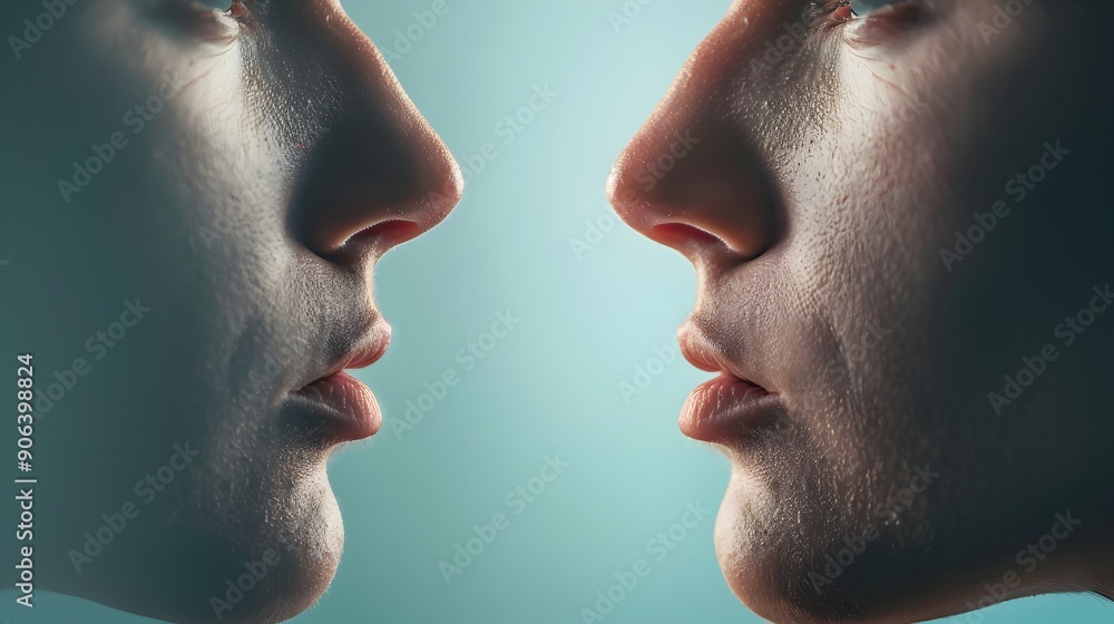 Obraz premium A side view of a person's face with a close-up of their nose and mouth.